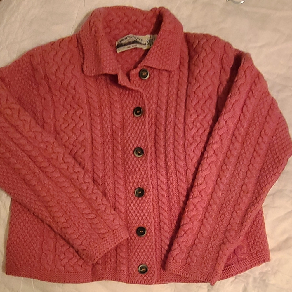 AranCrafts light cranberry/ watermelon color button down warm and cozy sweater.